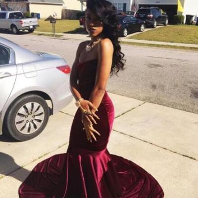 Mermaid burgundy velvet prom dresses strapless african girl evening gowns - Thumbnail 2