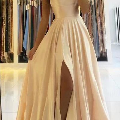 Simple a-line satin high split long prom dress - Thumbnail 4