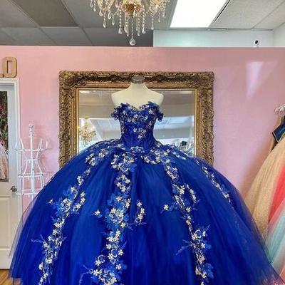 Princess royal blue tulle floor-length ball gown prom dresses - Thumbnail 4