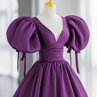 Purple V-Neck Satin Long Prom Dresses, A-Line Evening Dresses - Thumbnail 1