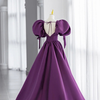 Purple V-Neck Satin Long Prom Dresses, A-Line Evening Dresses - Thumbnail 3
