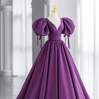 Purple V-Neck Satin Long Prom Dresses, A-Line Evening Dresses - Thumbnail 4