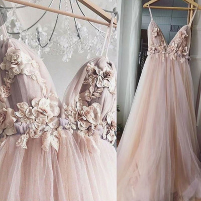 Deep V Neck Prom Dresses with 3D Flowers Tulle 