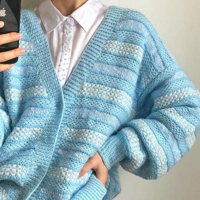 Vintage pastel blue stripe knitted cardigan jacket - Thumbnail 1