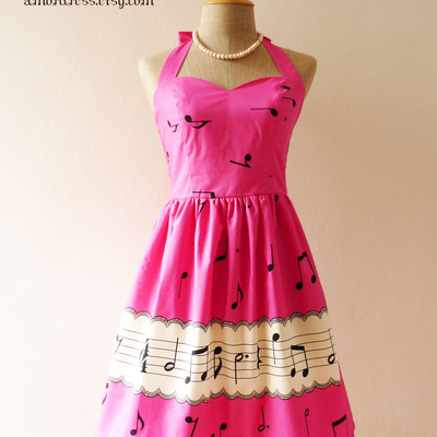 Music lover hot pink dress retro party cocktail bridesmaid choir birthday concert event every day dress -size xs,s,m,l,xl-