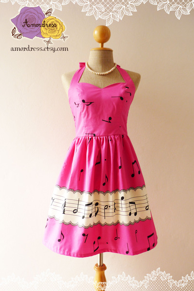 Music Lover Hot Pink Dress Retro Party Cocktail Bridesmaid Choir Birthday Concert Event Every Day Dress -Size XS,S,M,L,XL-