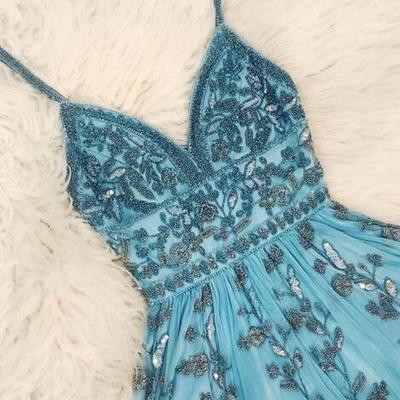Floor length spaghetti straps v neck tulle blue prom dresses - Thumbnail 2