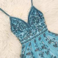 Floor Length Spaghetti Straps V Neck Tulle Blue Prom Dresses - Thumbnail 1