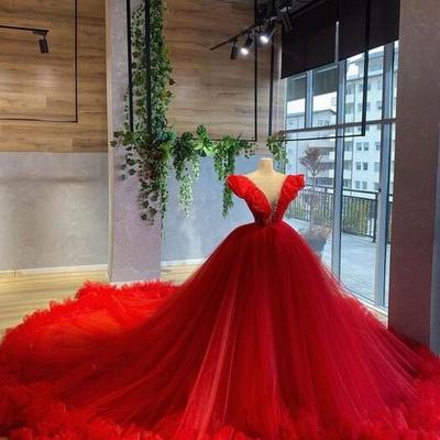 Mermaid v neck long red tulle evening dress - Thumbnail 2