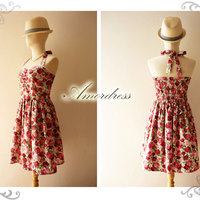 Floral Dress Rose Dress Party Vintage Inspired Halter Neck Cerise Pink Red Rose Little White Lace Dress -Size XS, S, M, L, XL- - Thumbnail 4