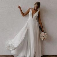Simple Deep V Neck Backless Bridal Gowns - Thumbnail 2