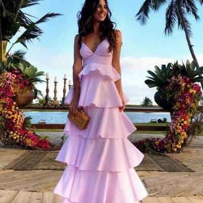 A-line v neck open back pink satin prom dresses - Thumbnail 1