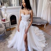 Charming A Line Straps Tulle Long Prom Dresses with Lace - Thumbnail 1