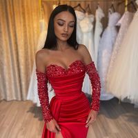Cute Mermaid Long Sleeves Red Sequins Long Prom Dresses with Slit - Thumbnail 1