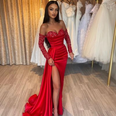 Cute mermaid long sleeves red sequins long prom dresses with slit