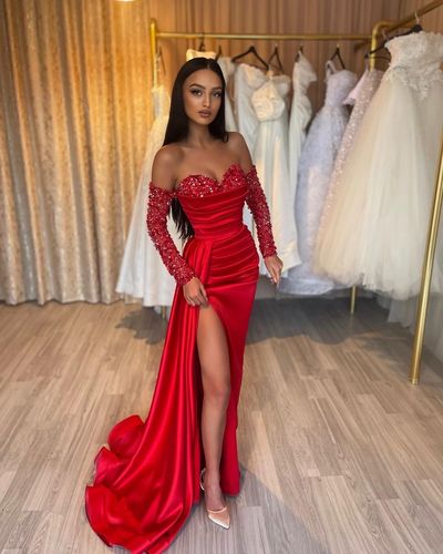 Cute Mermaid Long Sleeves Red Sequins Long Prom Dresses with Slit
