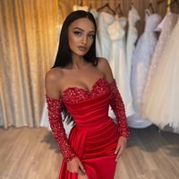 Cute Mermaid Long Sleeves Red Sequins Long Prom Dresses with Slit - Thumbnail 2