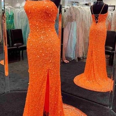 Cute mermaid straps orange sequins long prom dresses with slit - Thumbnail 1