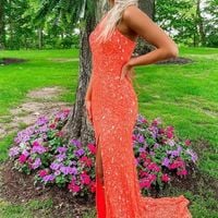 Cute Mermaid Straps Orange Sequins Long Prom Dresses with Slit - Thumbnail 1