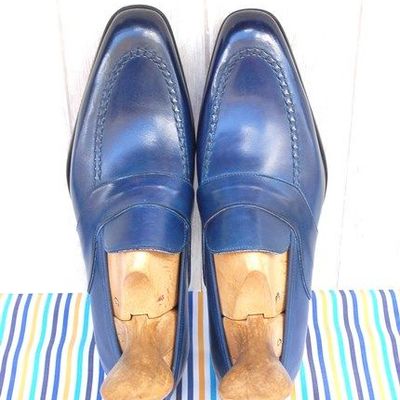 Unique wear handmade blue leather moccasin shoes, formal wear loafer leather shoes