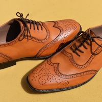 Christmas Gift Men's Hand Stitch Oxfords Brown Wingtip Leather Lace Up Shoes - Thumbnail 1