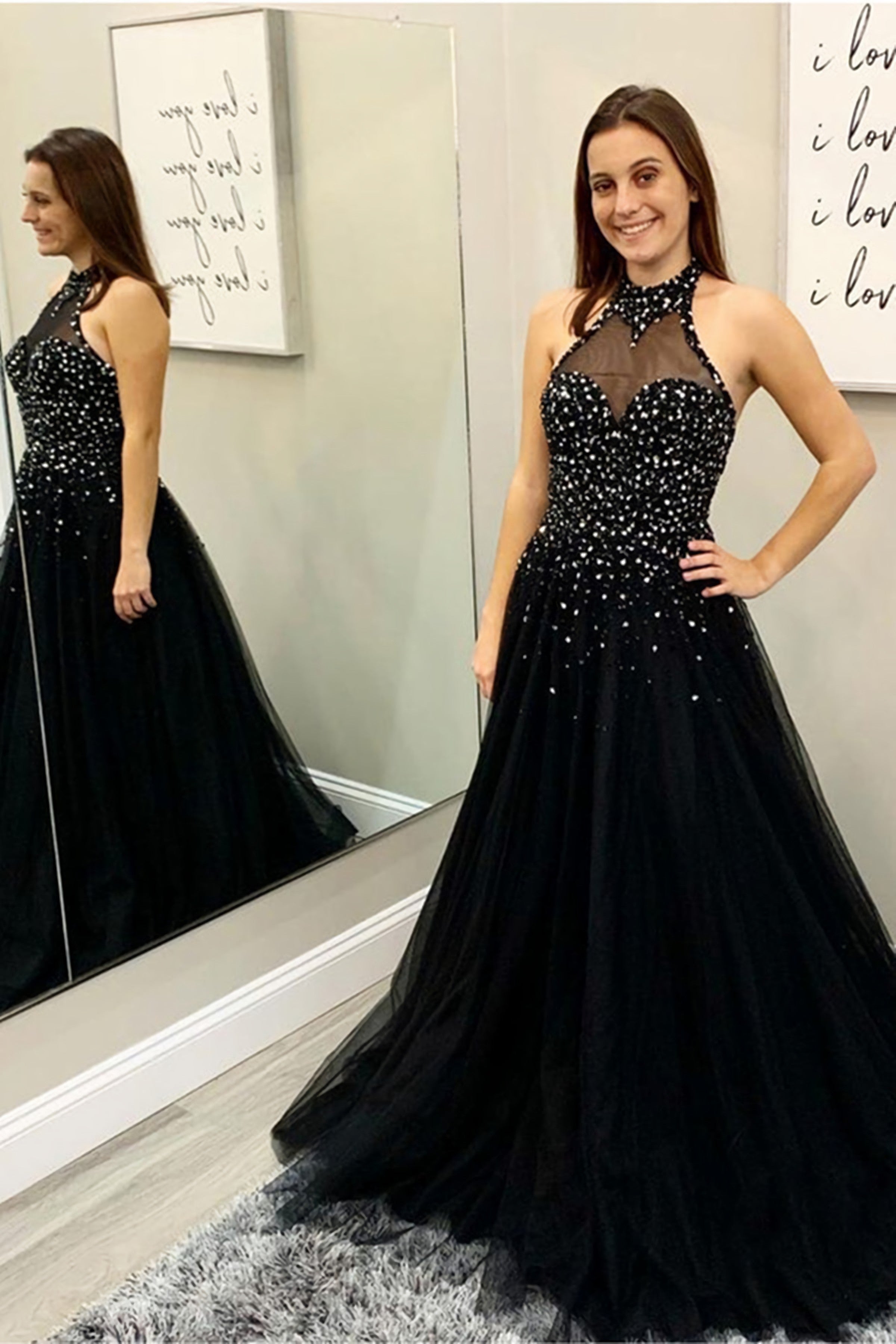 Halter Neck Backless Beaded Black Long Prom Dress, Beaded Black Formal