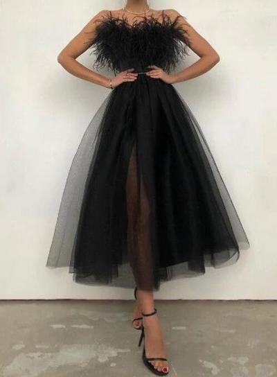 Sexy Black Tea Length Strapless Prom Dresses