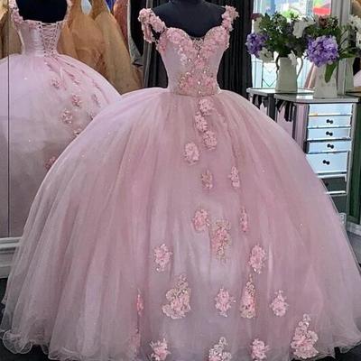 Elegant ball gown pink tulle prom dress with flower - Thumbnail 4