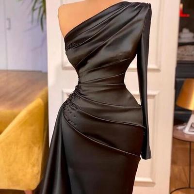 Charming one shoulder long sleeve black stain prom dresses - Thumbnail 1