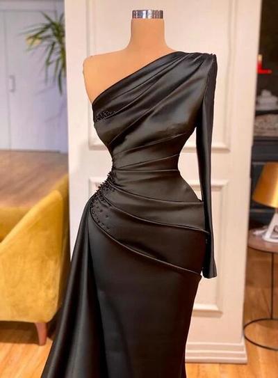 Charming One Shoulder Long Sleeve Black Stain Prom Dresses