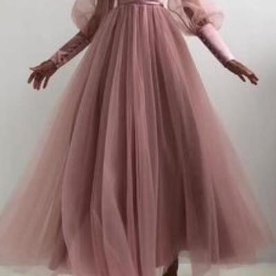 A line v neck pink long sleeves tulle prom dress - Thumbnail 2