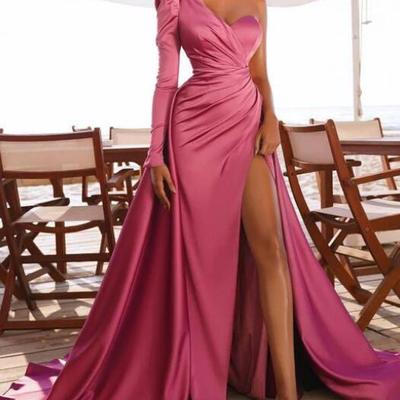 Gorgeous mermaid one shoulder hot pink long sleeve stain prom dress with split