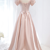 Pink Satin Long Prom Dress, A-Line Evening Dress with Bow - Thumbnail 3