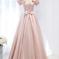 Pink Satin Long Prom Dress, A-Line Evening Dress with Bow - Thumbnail 4