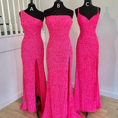 A line hot pink sequins long formal prom dress - Thumbnail 3