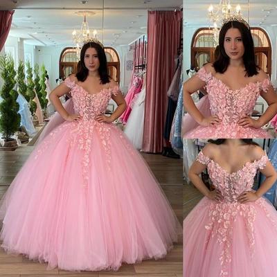 Princess off the shoulder pink tulle quinceanera dress with lace - Thumbnail 4