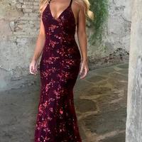 Mermaid Burgundy Long V Neck Evening Dress - Thumbnail 1