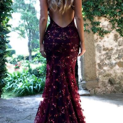 Mermaid burgundy long v neck evening dress - Thumbnail 2