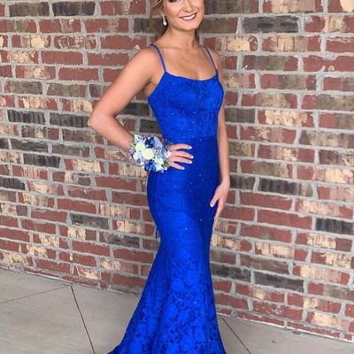 Mermaid royal blue a line lace long prom dress