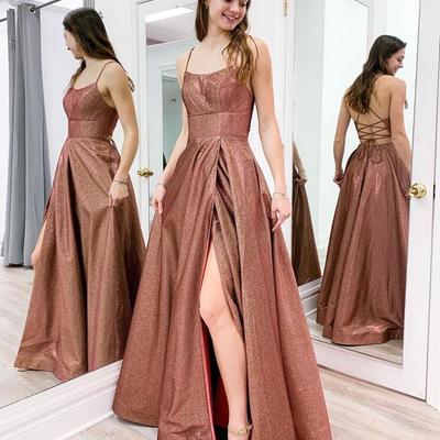 Elegant a line straps rose gold backless prom dress