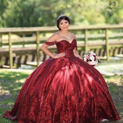 Off the shoulder princess burgundy quinceanera dresses corset back ball gown prom dress - Thumbnail 4