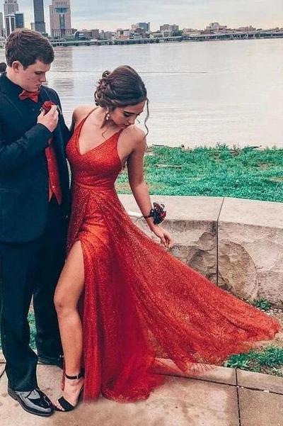 Sexy V Neck Side Slit Long Sequin Prom Dress