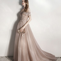 Cute Tulle Lace Long Prom Dress, A-Line Evening Dress - Thumbnail 1