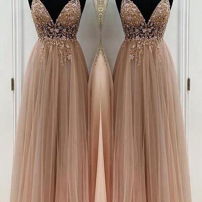 Spaghetti straps a-line beading tulle sleeveless floor-length prom dresses - Thumbnail 3