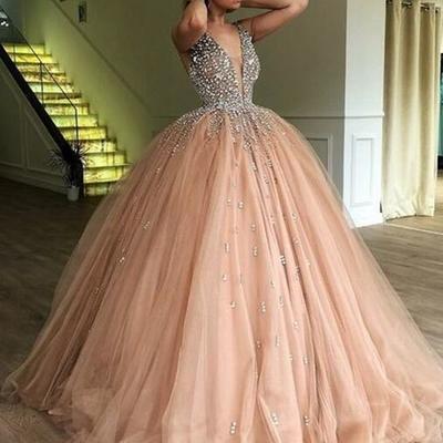 Vintage ball gown v-neck floor-length tulle prom dresses with sequin - Thumbnail 1