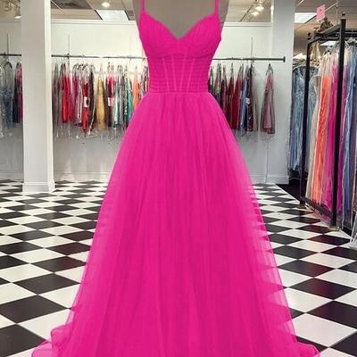 Princess a line hot pink tulle ruffles v-neck prom dresses - Thumbnail 2