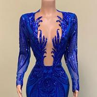 Mermaid Sparkly Roune Neck Royal Blue Sequin Prom Dresses - Thumbnail 1