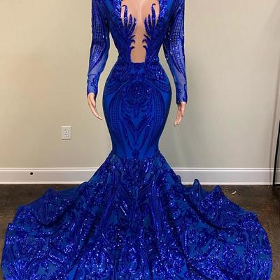 Mermaid sparkly roune neck royal blue sequin prom dresses - Thumbnail 1