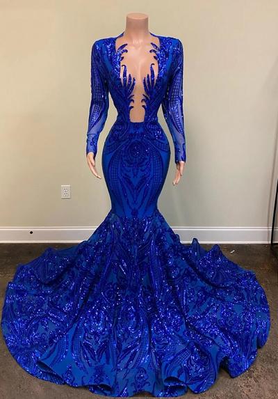 Mermaid Sparkly Roune Neck Royal Blue Sequin Prom Dresses