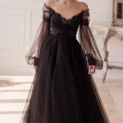 Off-the-shoulder ankle-length long sleeve tulle prom dress with appliques - Thumbnail 2